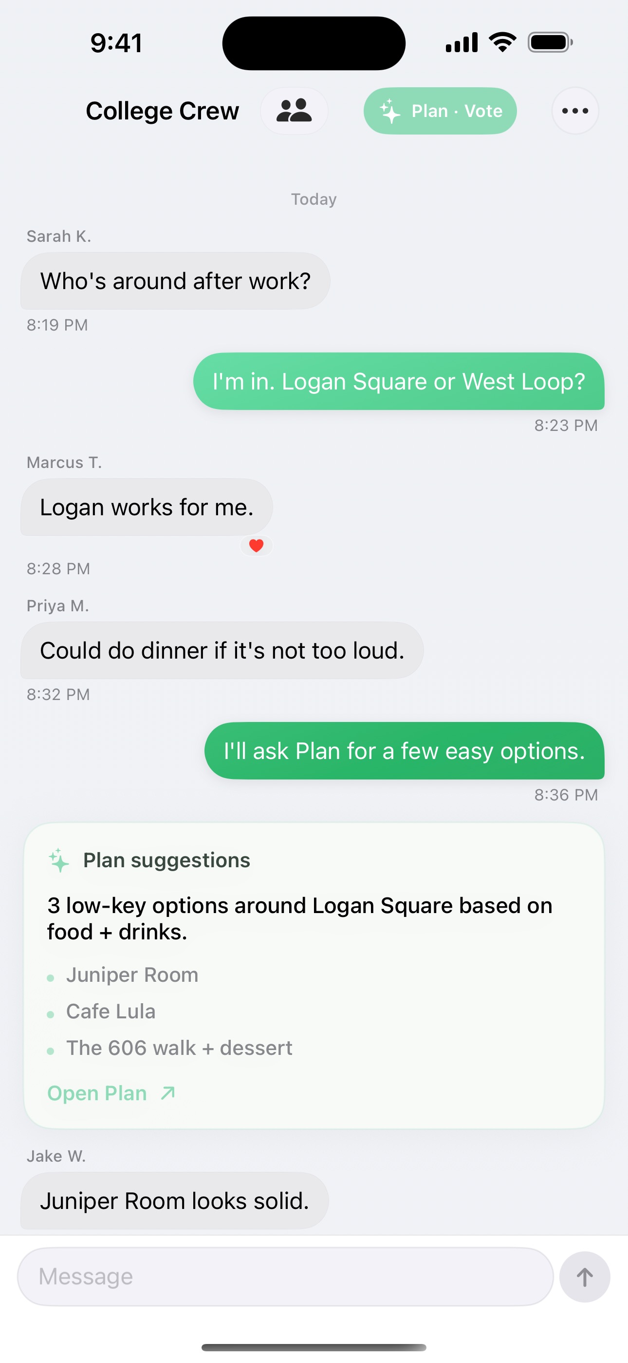 i'm in app — College Crew chat with embedded Plan suggestions