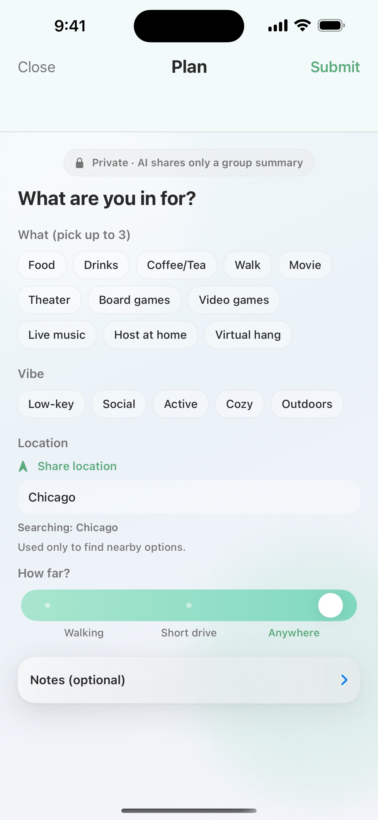 Pick a vibe — plan creation